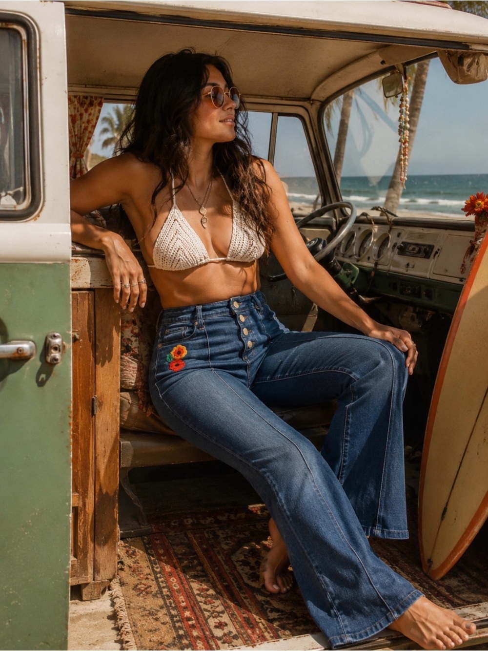 ModCloth High-Waist Dark Blue Flare Jeans with Embroidered Detail
